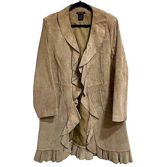 Boston Proper Boho Beige Suede 3/4 Jacket Ruffle Neck Duster Western Size 12 - Picture 1 of 9